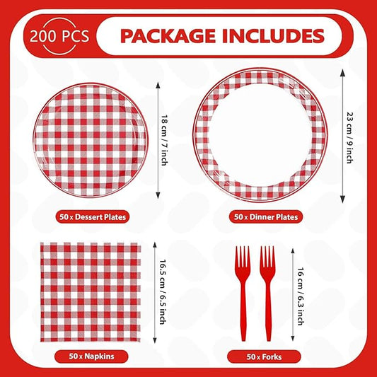 200Pcs Red Gingham Party Supplies Red and White Checkered Buffalo Plaid Plates and Napkins Disposable Gingham Tableware Set for Valentine's Day Picnic BBQ Baby Shower Party Decorations Serves50