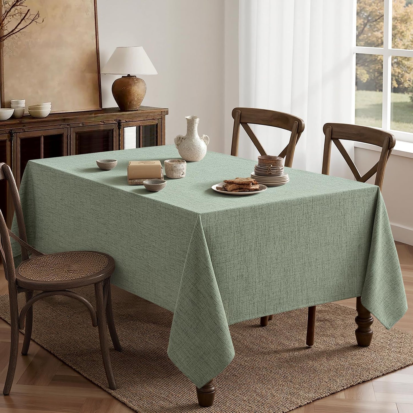 MIULEE Sage Green Linen Tablecloth 52x70 Inch Rectangle Table Cloth Waterproof,Stain Resistant & Wrinkle Resistant for Dining Party Wedding