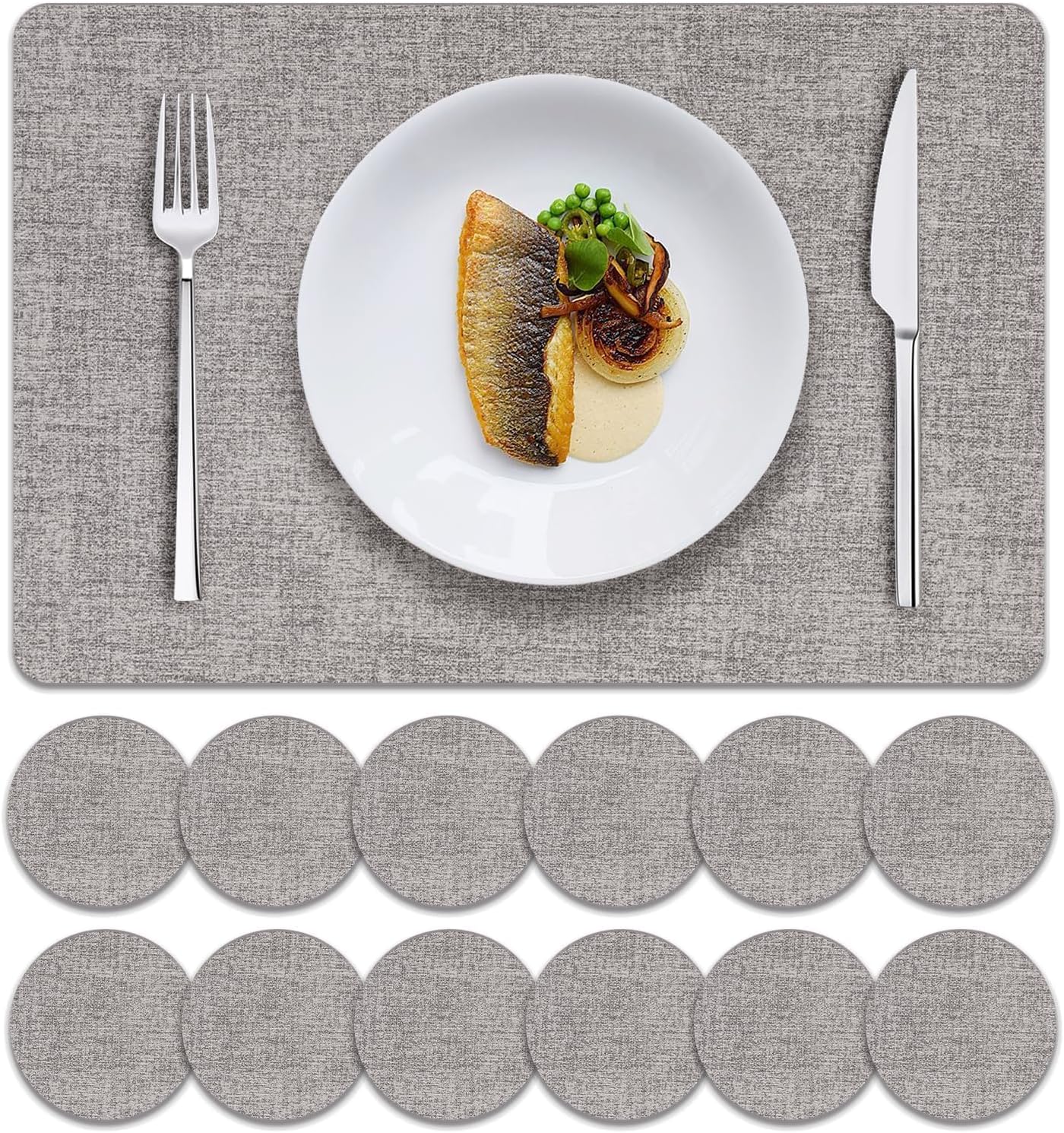 MOSAYT Faux Leather Placemats Set of 12-12 x 18 Inch - Heat Resistant Vinyl Place Mats with Coasters, Wipeable Washable Waterproof Oil Proof Table Mats for Kitchen Dining Indoor Outdoor, Light Grey