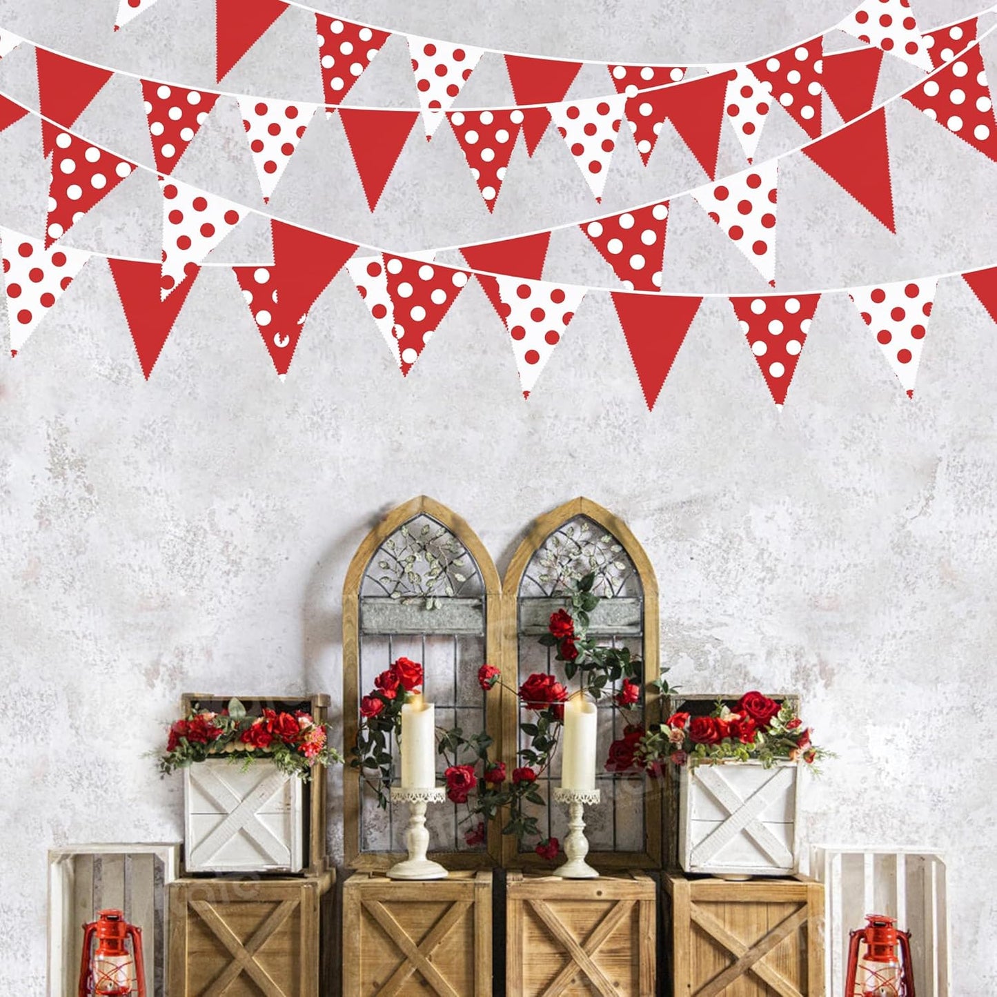 32Ft Red Party Decorations Red Fabric Pokal Dot Pennant Triangle Banner Flag Bunting Streamer Garland for Birthday Wedding Baby Shower Anniversary Ladybug Party Home Outdoor Garden Decor Supplies