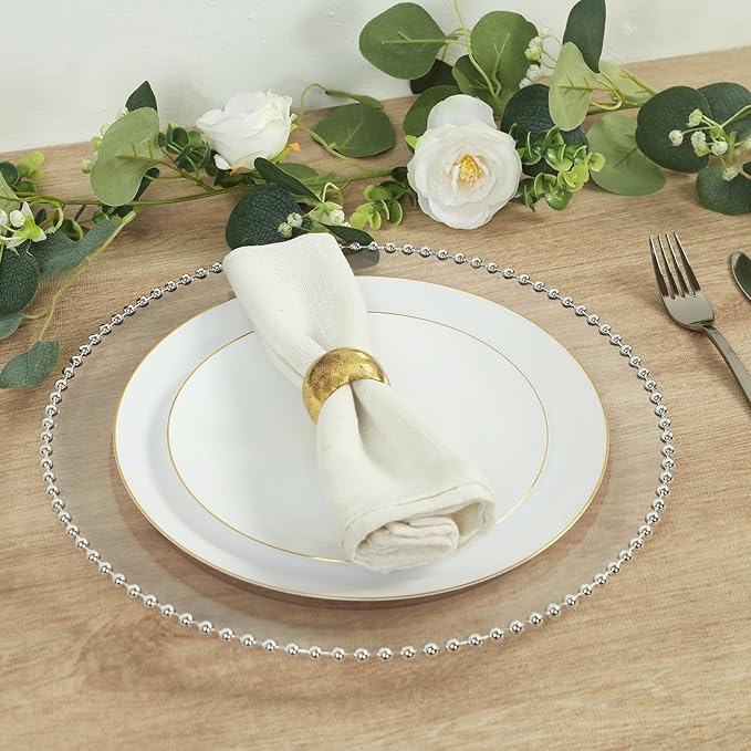 Efavormart 10-Pack Economy Plastic Charger Plates 13" Round Clear with Silver Beaded Rim - Stylish Dinner Party Serving Plates