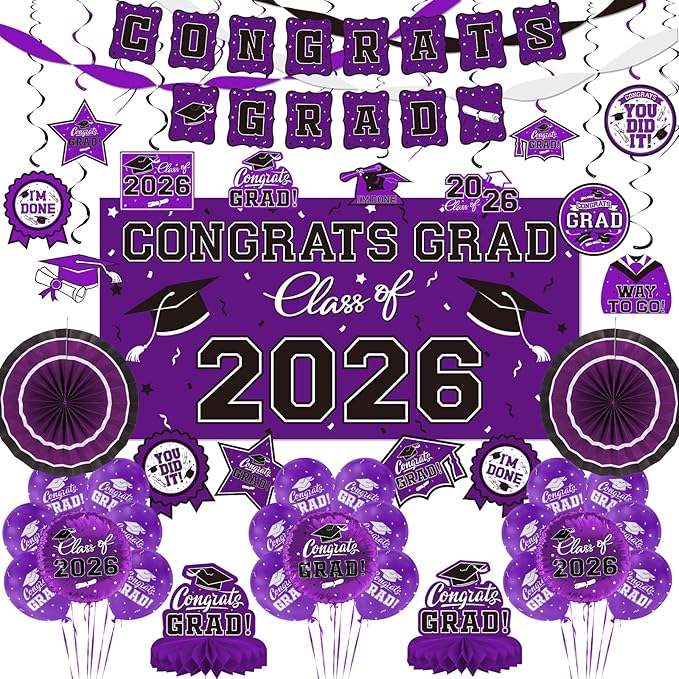 Purple Themed 2026 Graduation Decorations Set - Congrats Grad Banner, Class of 2026 Backdrop, Balloons & Streamers Kit - Complete Party Supplies for High School & College Celebrations