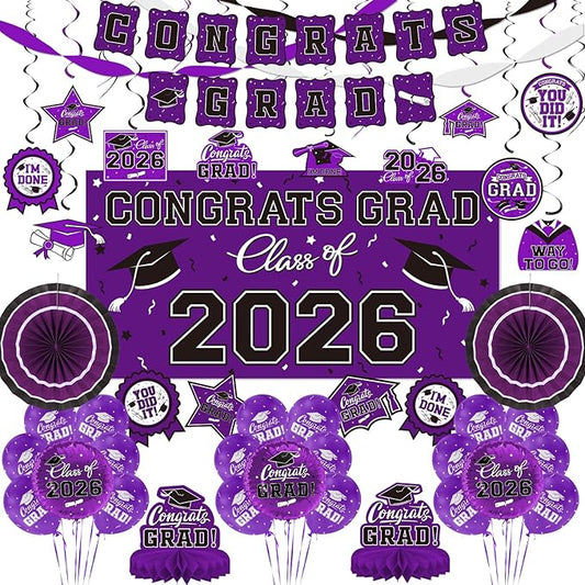 Purple Themed 2026 Graduation Decorations Set - Congrats Grad Banner, Class of 2026 Backdrop, Balloons & Streamers Kit - Complete Party Supplies for High School & College Celebrations