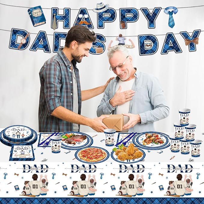98PCS Happy Father's Day Party Supplies Fathers Day Tableware Set Best Dad Paper Plates Napkins Forks Knives Tablecloth Banner Fathers Day Party Decorations Disposable Dinnerware for 16 Guests