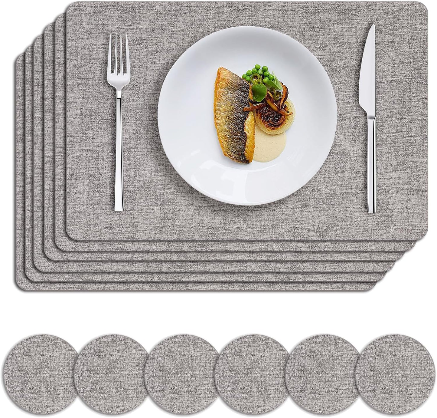MOSAYT Faux Leather Placemats Set of 6, Heat Resistant Wipeable Washable Vinyl Place Mats with Coasters, Waterproof Oil Proof Table Mats for Kitchen Dining Party Outdoor, 12" x 18", Light Grey