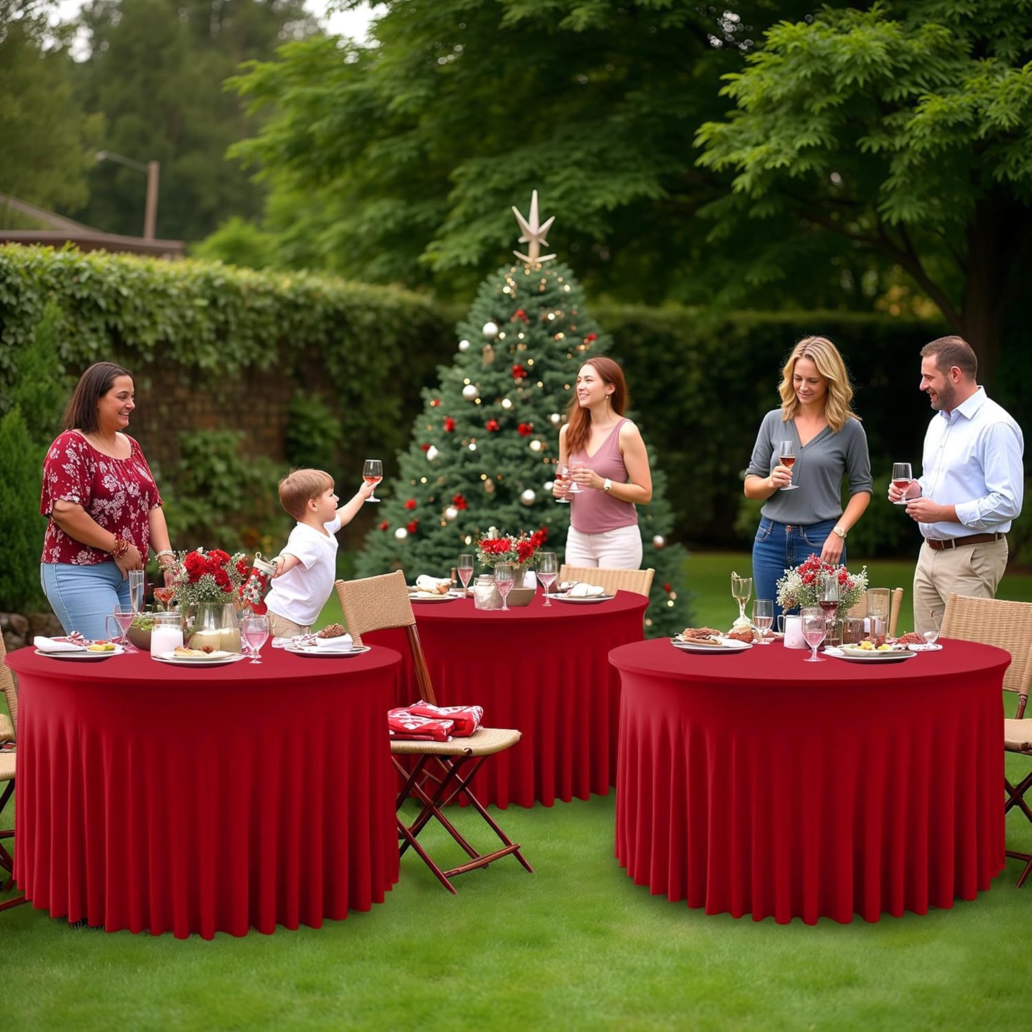 HolidayIdeas 6 Pack Red Spandex Table Skirt for 60 Inch Round Table, Fitted Stretch Covers for Christmas Receptions, Holiday Galas