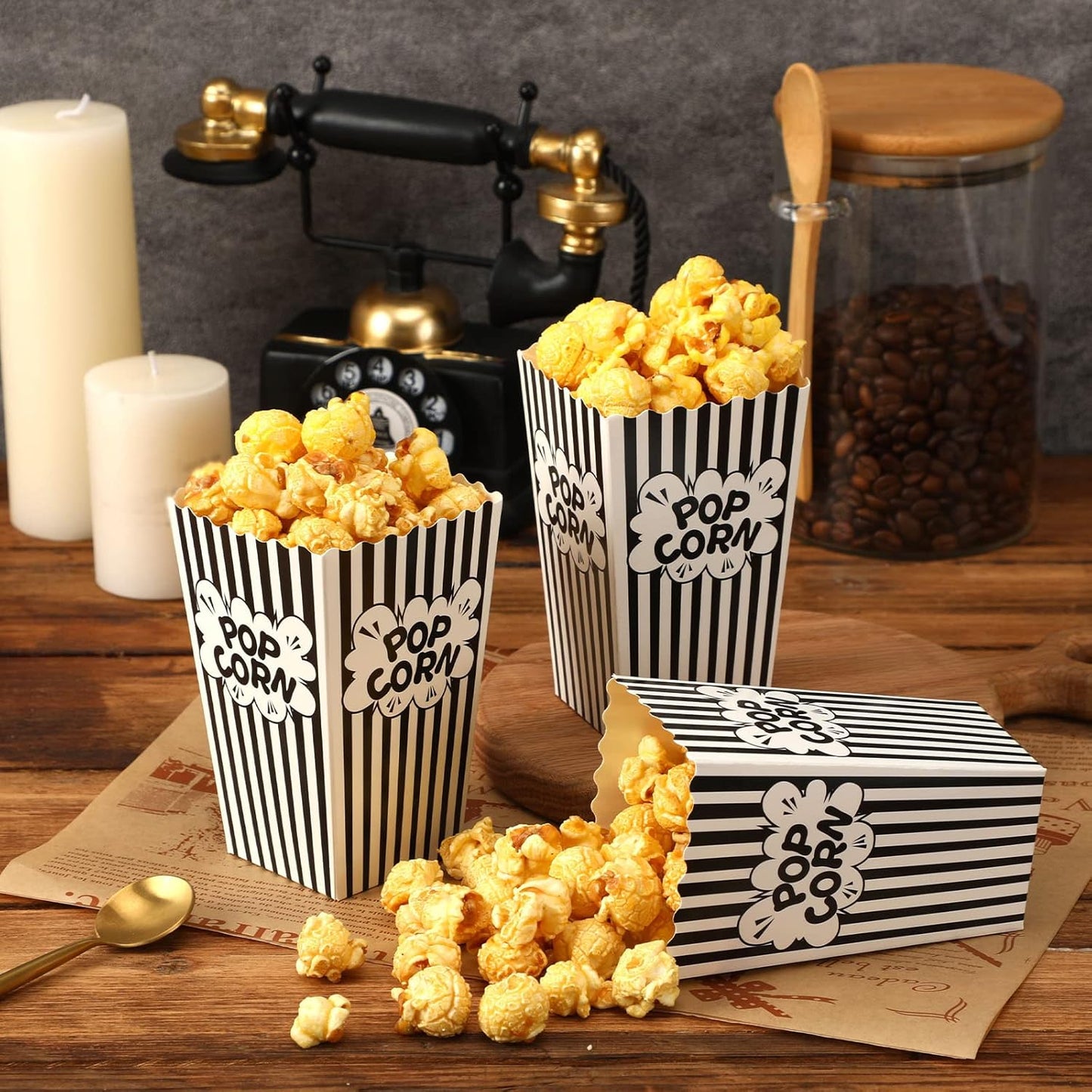 DECYOOL Mini Paper Popcorn Bags, 30Pack Small Size Popcorn Bags Black and White Movie Night Popcorn Boxes Pop Corn Buckets and Container for Home, Carnival Party, Decorations