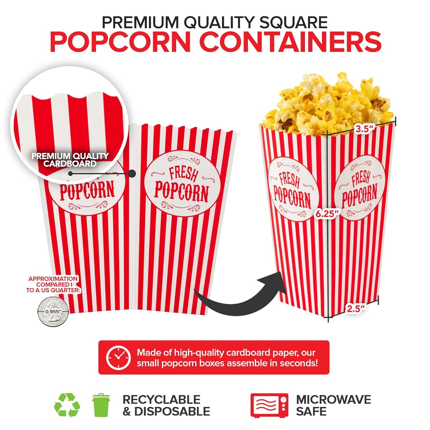 [25 Pack] Movie Theater Popcorn Boxes Disposable Red & White Striped - 30 oz Capacity - Vintage Snack Box Concession and Carnival Party Supplies, Individual Popcorn Bucket Containers