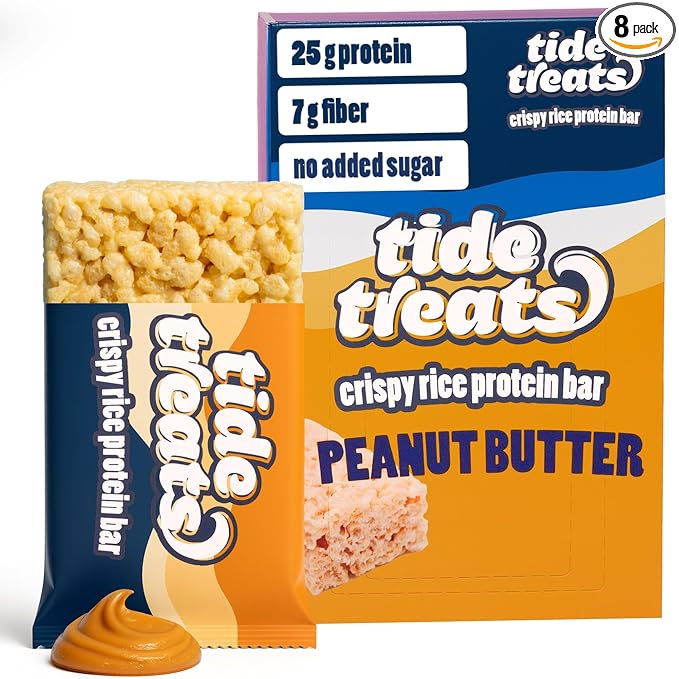 Crispy Rice Protein Treat Peanut Butter Bar | 25 g Protein, No Added Sugar, 7 g Fiber, Gluten Free | High Protein Snack for On-the-Go, Post-Workout or Dessert Cravings | 8 Count | TideTreats