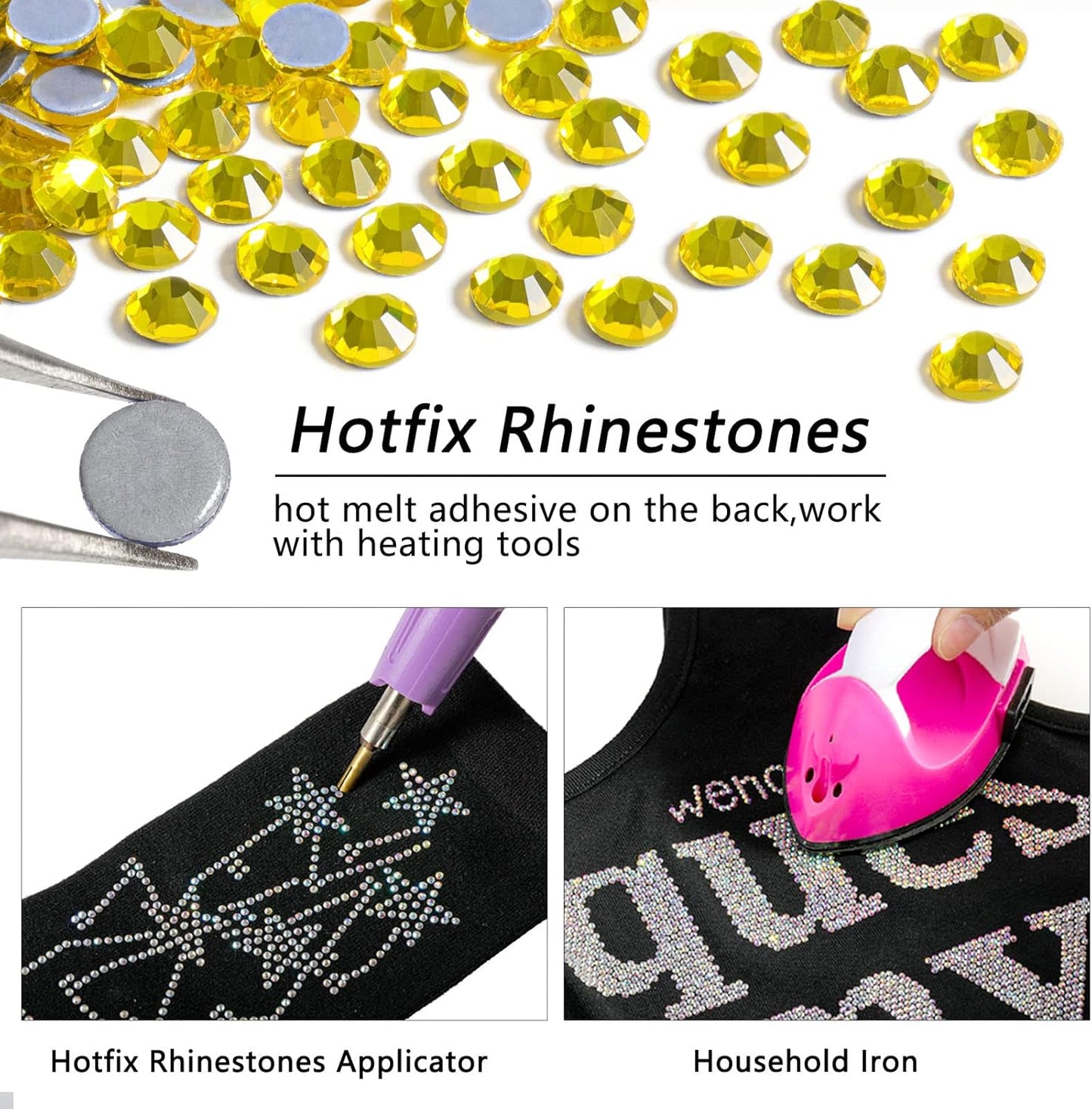 Beadsland Hotfix Rhinestones, 1440pcs Flatback Crystal Rhinestones for Crafts Clothes DIY Decorations, Lemon Yellow, SS12, 3.0-3.2mm