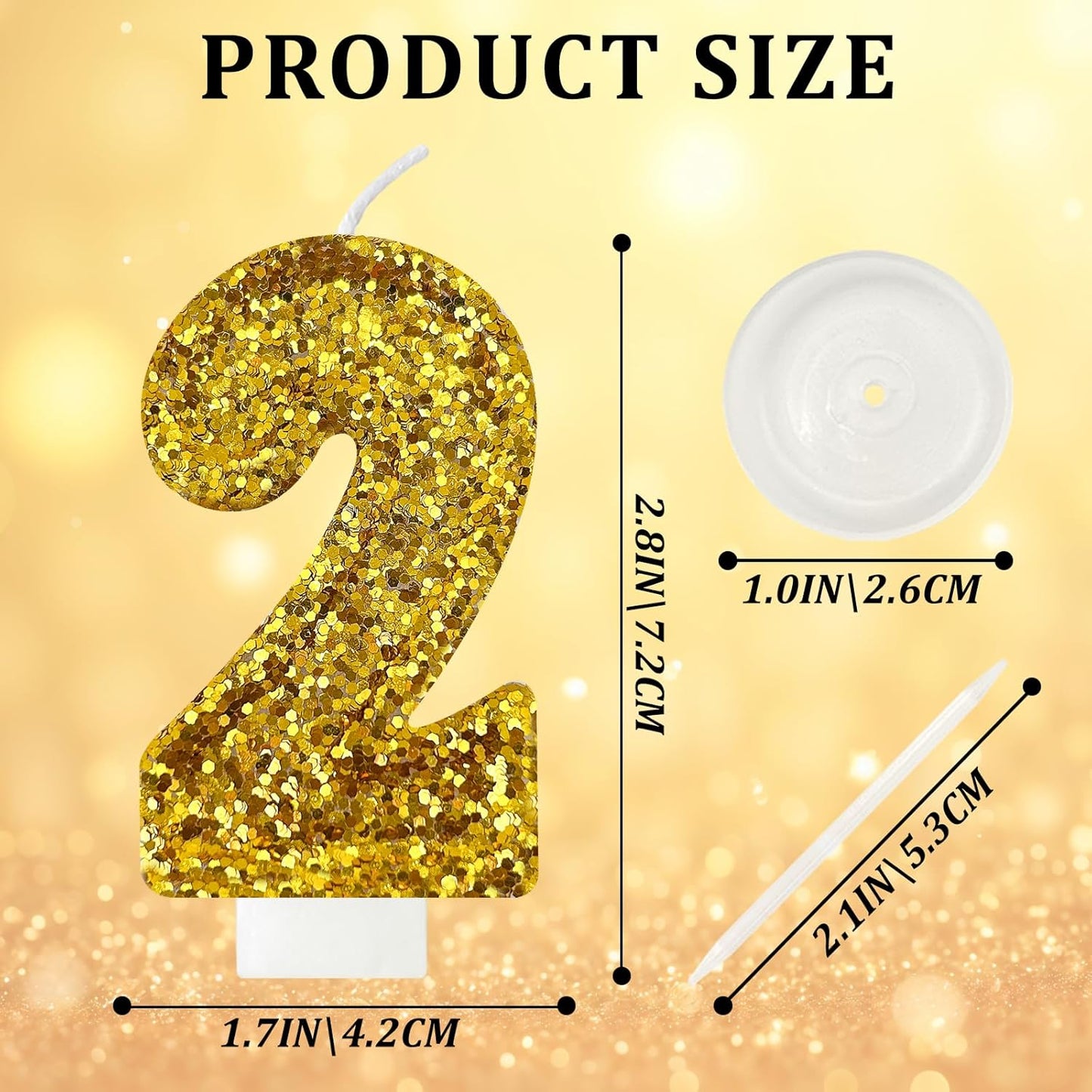 Birthday Number Candles, Glitter Number Candle Cake Decorations with Sequins, Cupcake Decorations for Girls, Women, Party Anniversary Celebrations (Number 2, Golden)