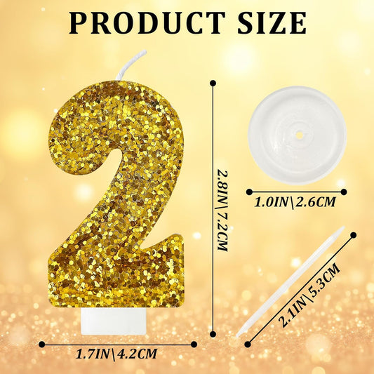 Birthday Number Candles, Glitter Number Candle Cake Decorations with Sequins, Cupcake Decorations for Girls, Women, Party Anniversary Celebrations (Number 2, Golden)
