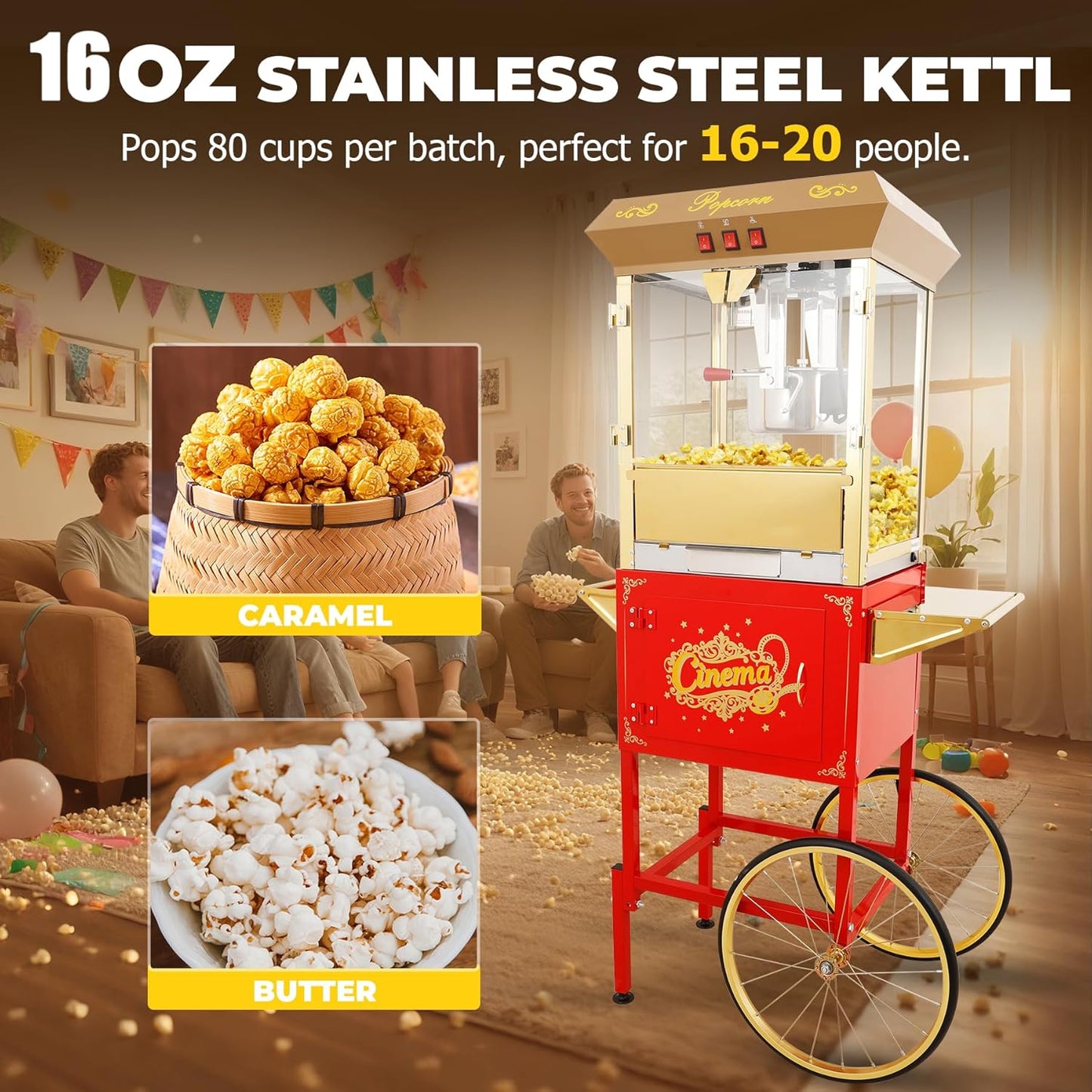 Upgraded 16oz Commercial Popcorn Machine with Cart, Large Popcorn Machine Makes Up to 80 Cups, Movie Theater Pop Corn Machine with Easy-Rolling wheels & Stainless-Steel Kettle, Red&Gold