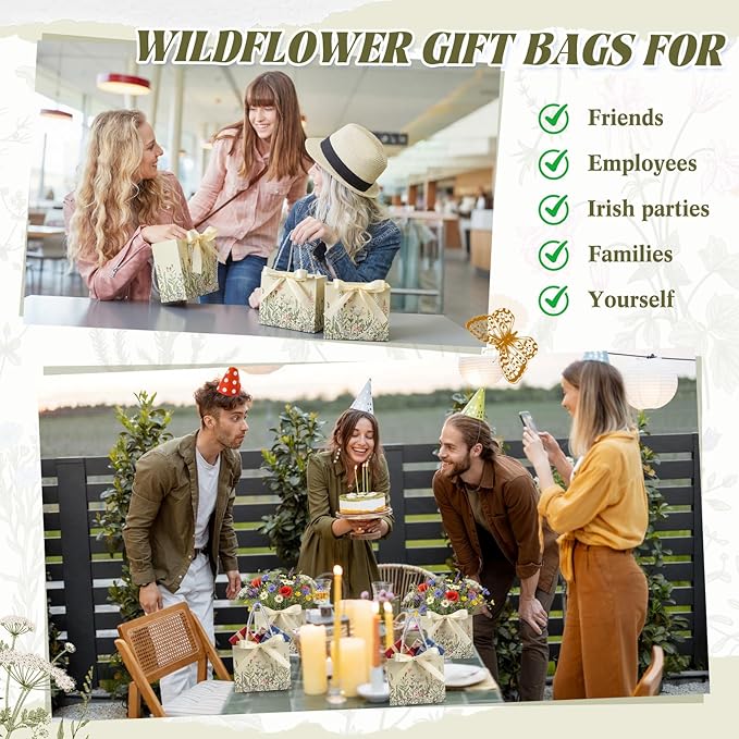 Moinchore 30 Pcs Vintage Wildflower Paper Gift Bags Bulk 5.5 x 4.7 x 2.5 in Mini Flower Plant Favor Bags with Handles Bow Ribbon Wrap for Spring Summer Birthday Home Wedding Party Supplies