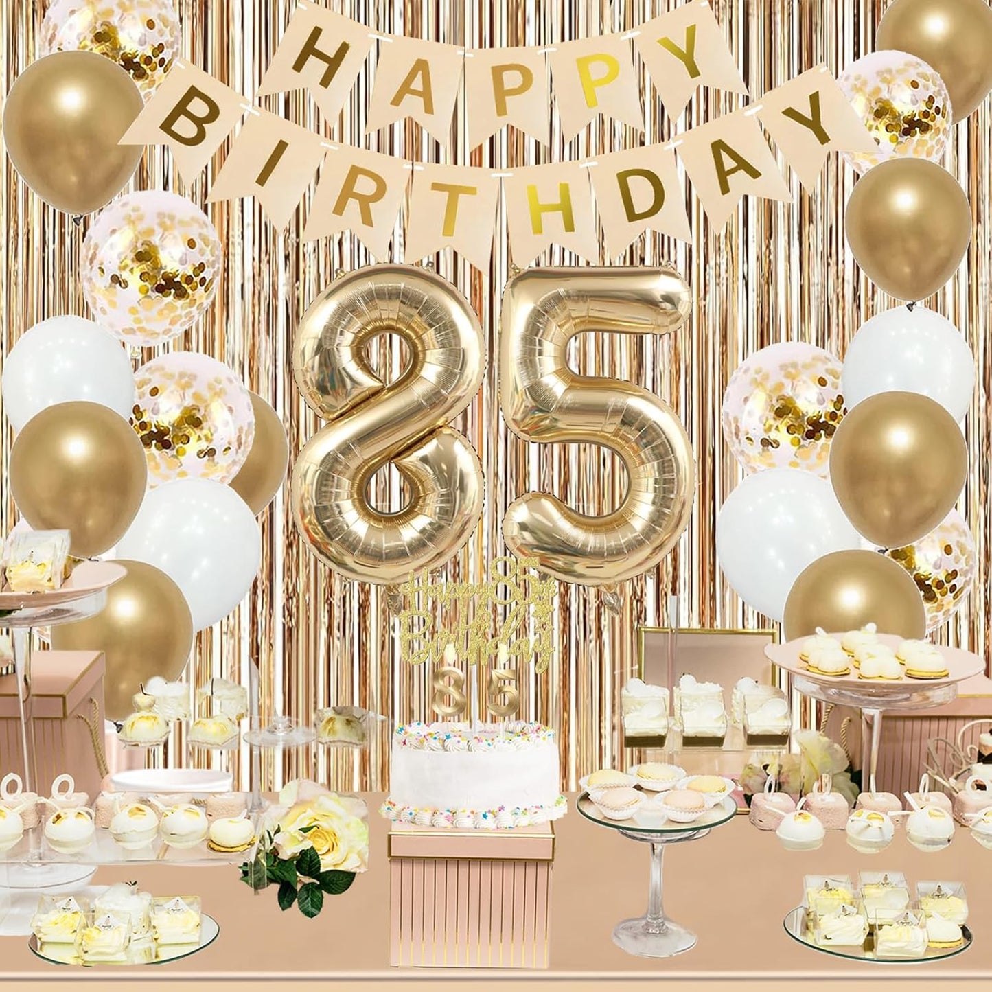 Trgowaul 85th Birthday Decorations for Women, Banner, Sash and Crown, Cake Topper, 85 Number Balloon, Fringe Curtains, Champagne Gold 85th Birthday Party Supplies