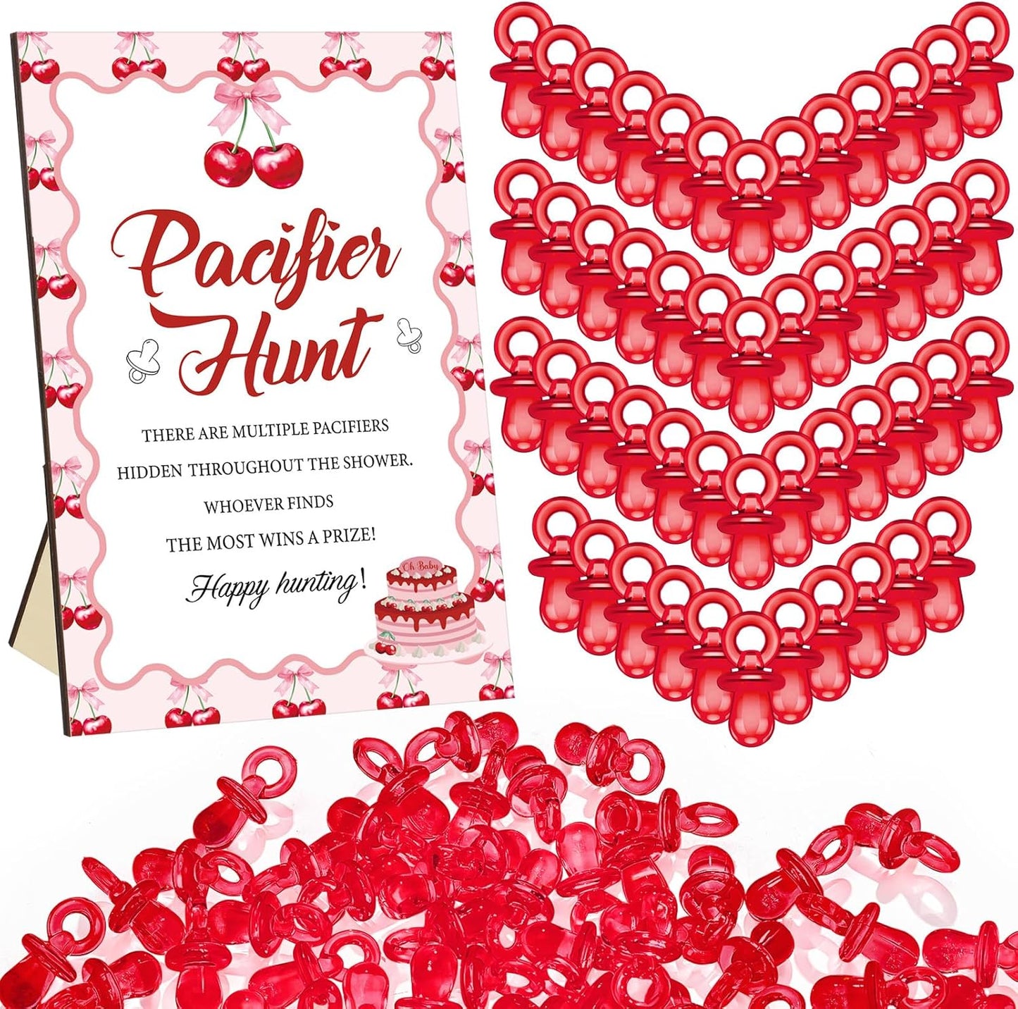 Thyle 51 Pcs She's Our Cherry on Top Baby Shower Games Red Cherry Pacifier Hunt Include Hunt Sign and 50 Acrylic Pacifiers for Christmas Baby Shower Game Decoration Gift Sets Gender Reveal Party Decor