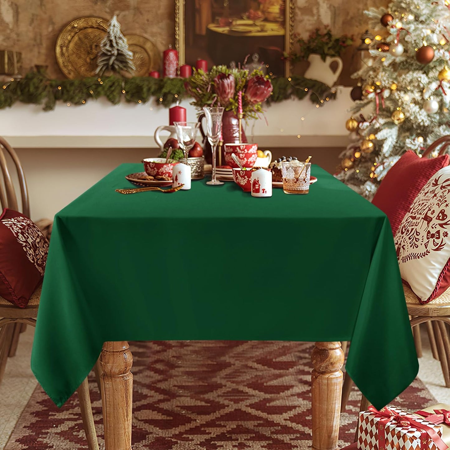 sancua Square Tablecloth - 70 x 70 Inch - Stain and Wrinkle Resistant Washable Polyester Table Cloth, Decorative Fabric Table Cover for Dining Tables, Buffet Parties and Christmas, Hunter Green