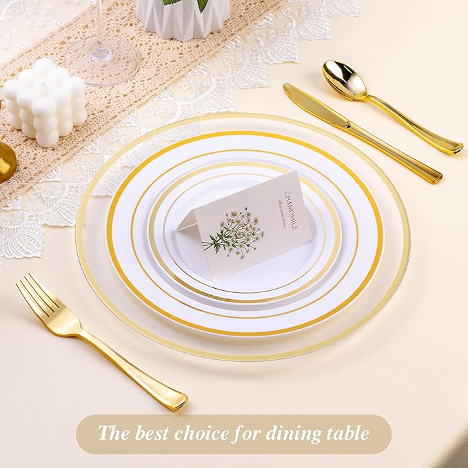 BESTSTAR 12 Inch Disposable Decor Charger Plates, 25 Pack Plastic Clear Plates with Gold Rim, Perfect Table Decor for Party, Wedding, Dinner
