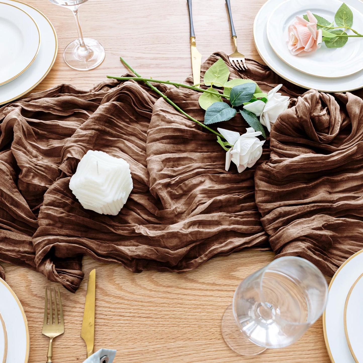Wokceer Cheesecloth Table Runner 4Pack 10FT Brown Boho Gauze Cheese Cloth Table Runner for Party Long Rustic Sheer Table Runners for Baby Bridal Shower Wedding Easter Table Decor