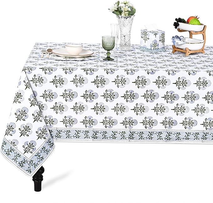 Ridhi Hand Block Print Mughal Buta Blue Rectangle Cotton Tablecloth 120" x 60" Reusable Table Cover Decorative Everyday Use for Dining, Farmhouse, Home Gift for Spring, Easter, Valentine
