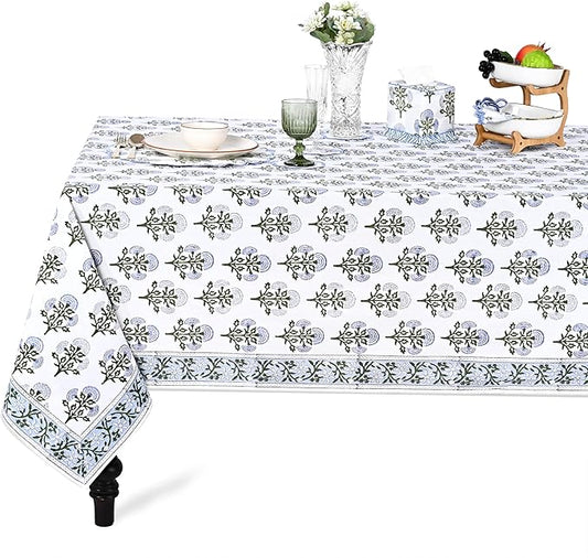 Ridhi Hand Block Print Mughal Buta Blue Rectangle Cotton Tablecloth 108" x 70" Reusable Table Cover Decorative Everyday Use for Dining, Farmhouse, Home Gift for Spring, Easter, Valentine