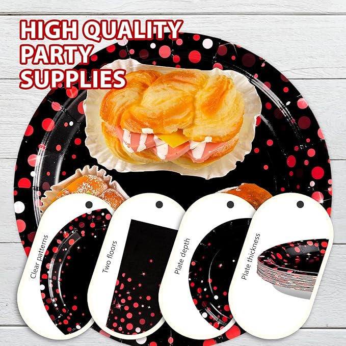 Grencian 200Pcs Black and Red Party Supplies Valentine's Day Red Dot on Black Plates and Napkins Disposable Tableware Set for Birthday Wedding Baby Shower Valentine's Day Party Decorations, Serves 50