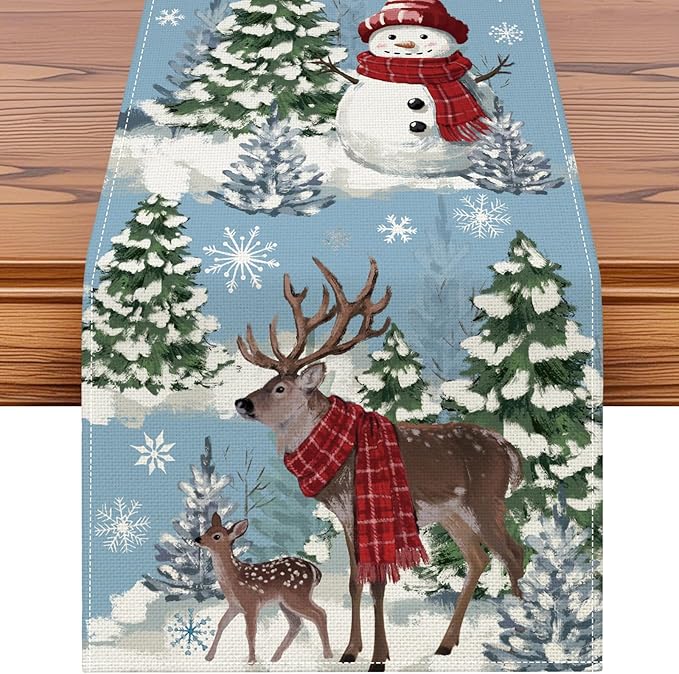 Artscope Reindeer Snowman Christmas Tree Table Runner, Xmas Winter Snowflakes Holiday Kitchen Dining Table Decoration for Christmas Home Party Decor 13x36 Inch-Light Blue