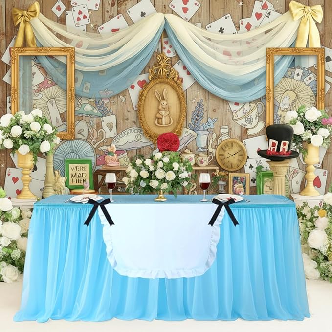 5 Pcs Wonderland Party Decorations Wonderland Table Cloth Blue Mesh Table Group, White Tablecloth Black Bow for Tea Party Celebrations Hatter Birthday Mother's Day