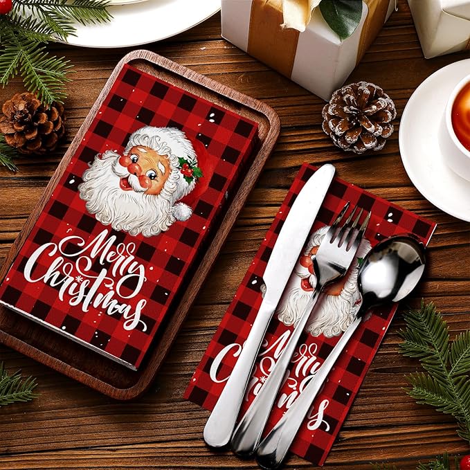 Karenhi 200 Pcs Christmas Paper Napkins 2 Ply Santa Claus Disposable Hand Towels for Bathroom Buffalo Plaid Guest Napkin Snow Decorative Paper Guest Towels for Bathroom for Party Holiday Wedding
