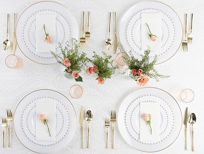 PLASTICPRO 64 Piece Combo Plastic Dinner Plates Disposable Plastic Fancy Heavy Duty Party Dishes 7 inch and 10 inch, White and Gold Beaded