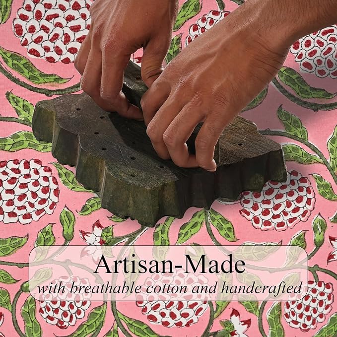 Ridhi Hand Block Print Strawberry Pink Rectangle Cotton Tablecloth 190" x 72" Reusable Table Cover Decorative Everyday Use for Dining, Farmhouse, Home Gift for Spring, Easter, Valentine