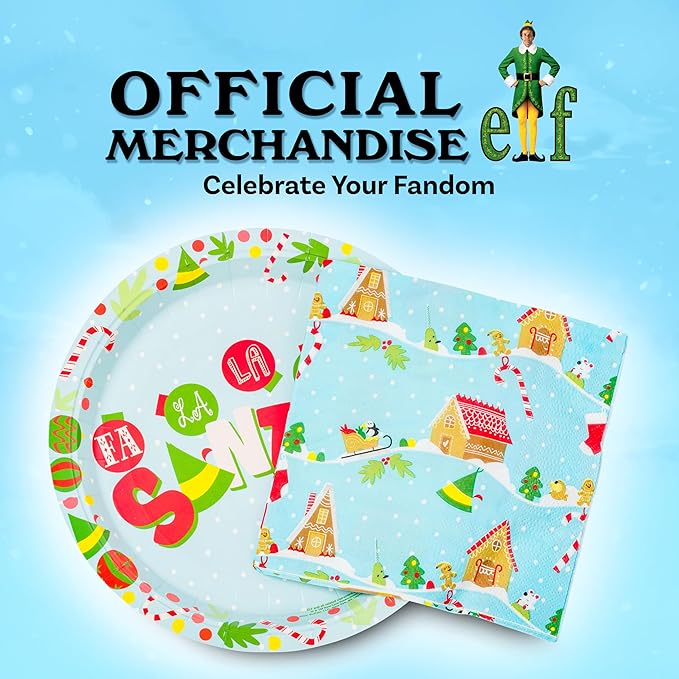 Silver Buffalo Elf Buddy the Elf Fa La La Santa Snow Christmas 32 Pack Partyware Disposable Paper Plates and Napkins