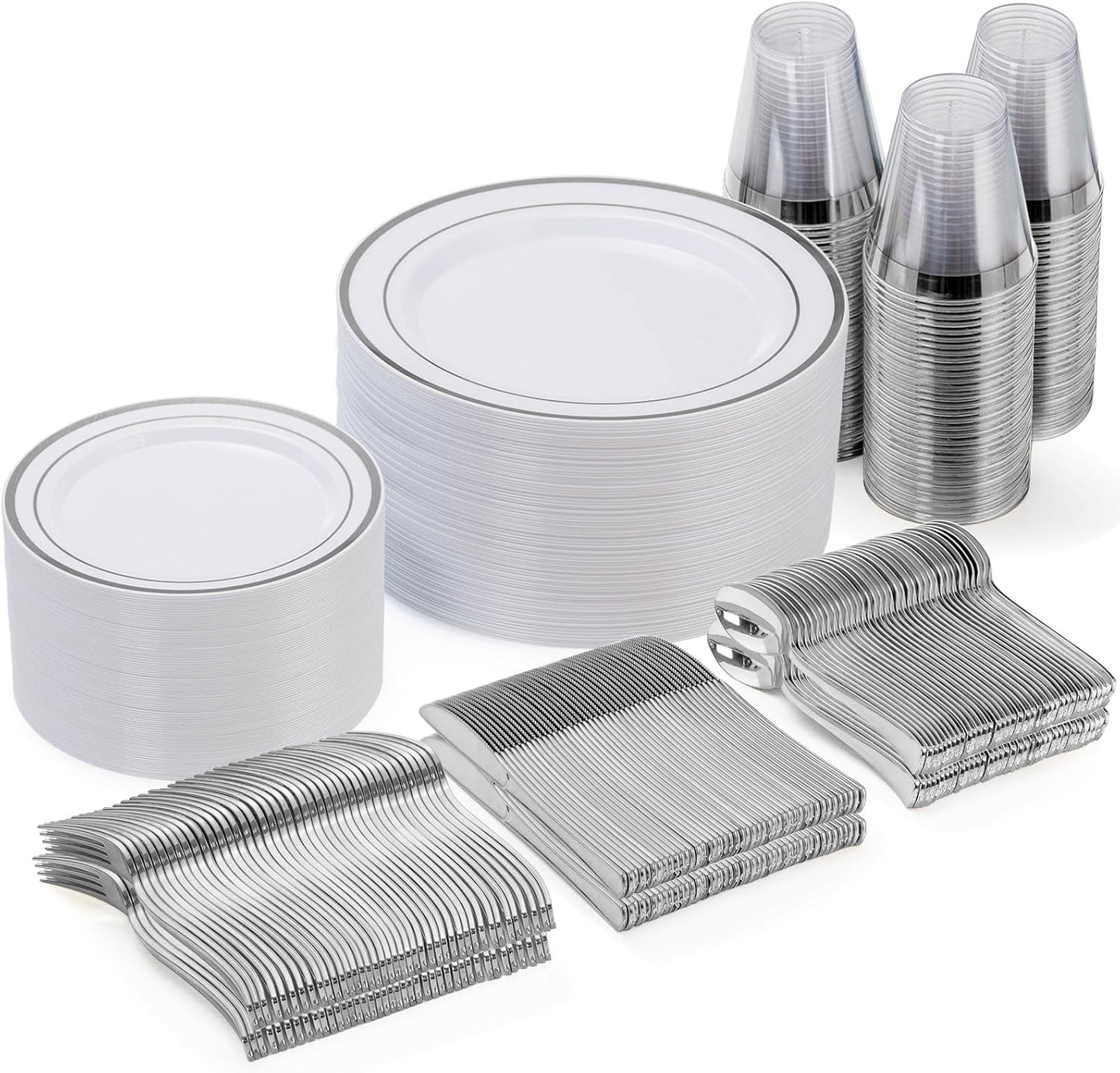 Goodluck 300-Piece Disposable Dinnerware Set for 50 Guests - Silver Plastic Plates, Salad Plates, Cutlery & Cups for Parties & Weddings
