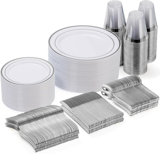 Goodluck 300-Piece Disposable Dinnerware Set for 50 Guests - Silver Plastic Plates, Salad Plates, Cutlery & Cups for Parties & Weddings