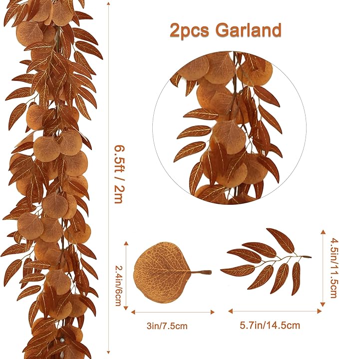 Greentime 2 Pack Artificial Autumn Eucalyptus Garland 6.5 Feet Fake Fall Leaf Garland for Thanksgiving Wedding Table Runner Fireplace Decor