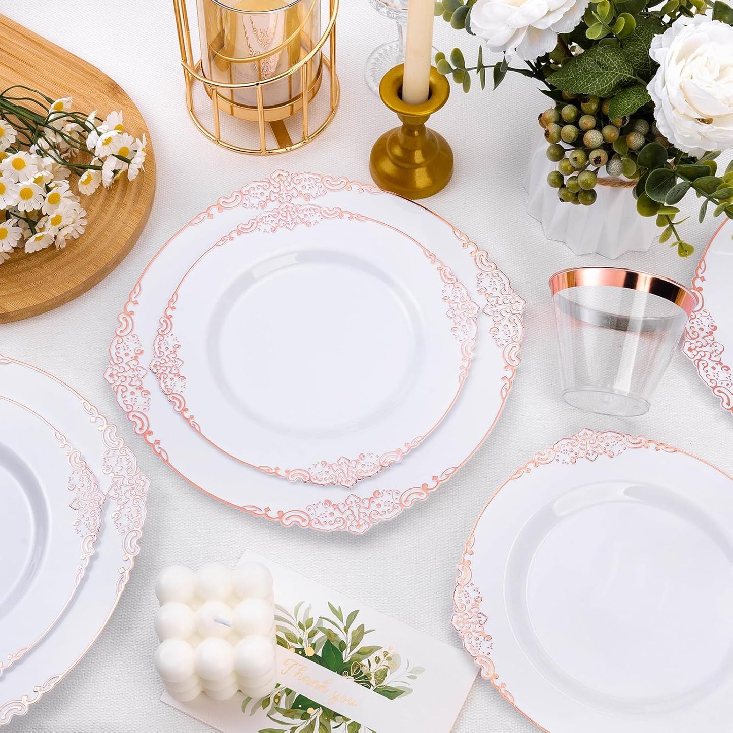 100 PCS White and Rose Gold Plastic Plates for 50 Guests, Rose Gold Disposable Plates Include 50 PCS Dinner Plates, 50 PCS Dessert Plates for Party, Wedding and Baby Shower