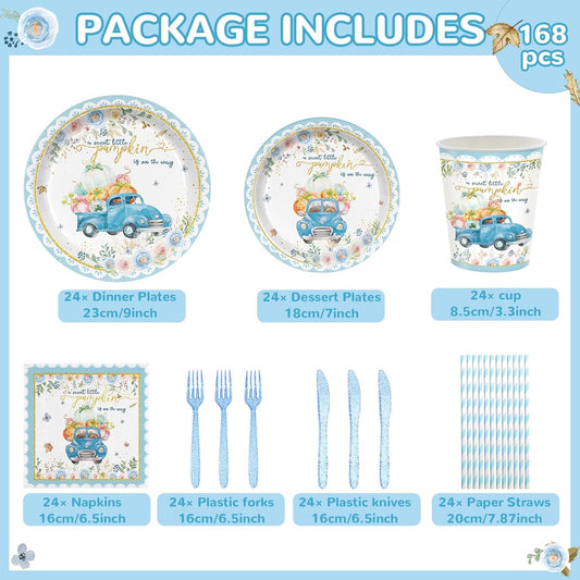 168PCS Blue Pumpkin Baby Shower Party Supllies for Boys Floral Birthday Party Decorations Thanksgiving Tableware Plates Cups Napkins Cups Forks Knives and Straws Dinnerware for 24 Guests