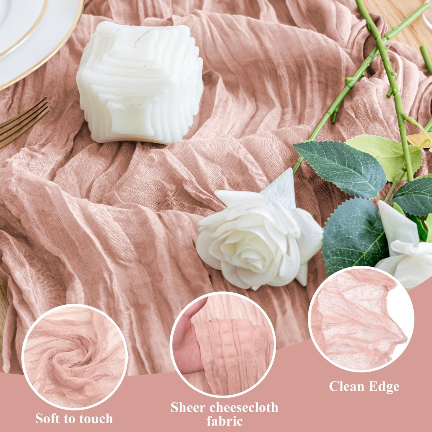 Wokceer Cheesecloth Table Runner 4Pack 10FT Dusty Pink Boho Gauze Fall Christmas Cheese Cloth Table Runner for Party Easter Rustic Sheer Table Runners for Baby Bridal Shower Wedding