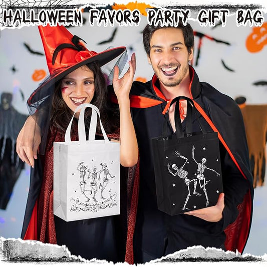 Wesnoy 48 Pcs Halloween Skeleton Gift Bags Party Favors Reusable Black White Non Woven Skull Goodie Candy Treat Tote Bags Bulk with Handles Hippie Dancing Skeleton for Birthday Party