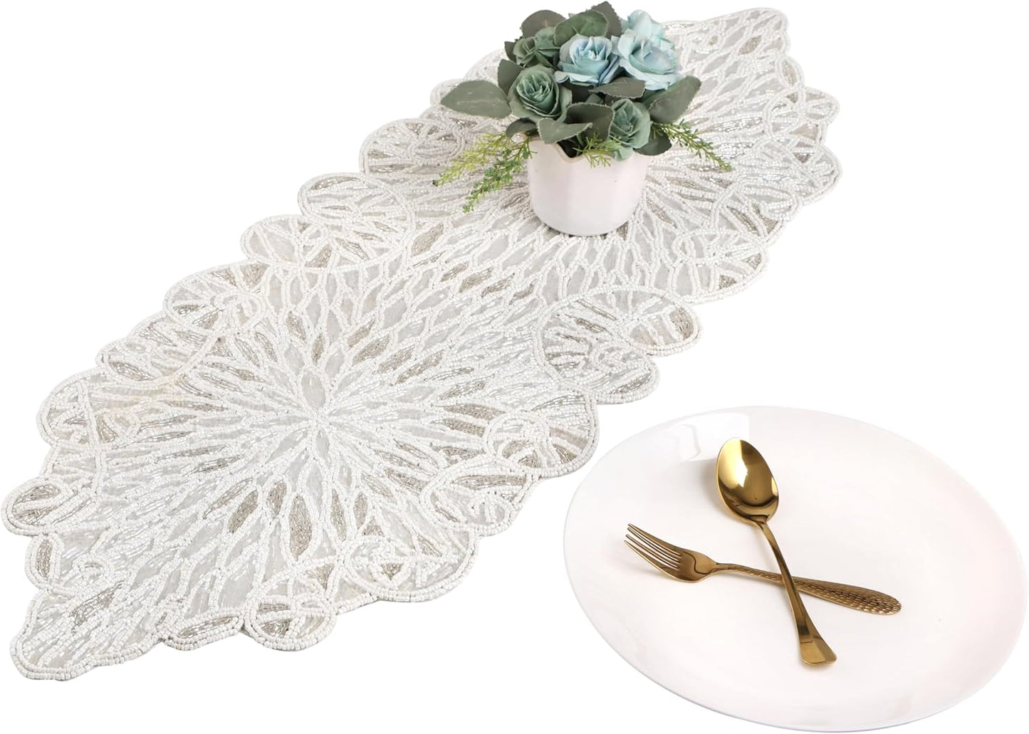 Beaded Table Runner - Elegant Indoor/Outdoor Decor for Weddings, Holidays, Gatherings, Parties, Dining & Special Occasions, Festive Home Decor (White Silver) - CLEENTABLE