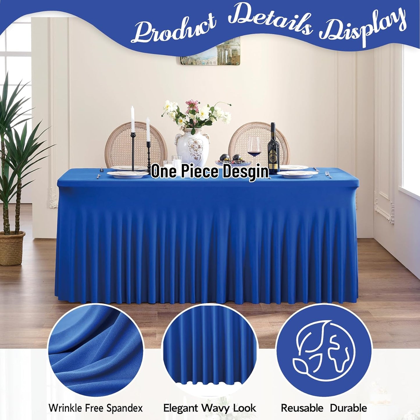 Leegleri 4 Pack Royal Blue Spandex Table Clothes for 6ft Rectangle Tables, Wrinkle Free Fitted Tablecloths for Parties, Weddings, Banquets, Baby Showers