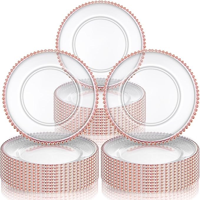 Hoolerry 100 Pcs Charger Clear Plates Bulk 13 Inch Plastic Round Dinner Plate with Beaded Rim Acrylic Round Plate Decorative Charger Service for Home Wedding Xmas Party Events Table Decor (Rose Gold)