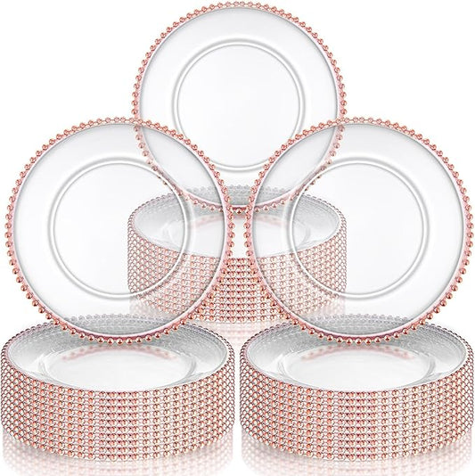Hoolerry 100 Pcs Charger Clear Plates Bulk 13 Inch Plastic Round Dinner Plate with Beaded Rim Acrylic Round Plate Decorative Charger Service for Home Wedding Xmas Party Events Table Decor (Rose Gold)