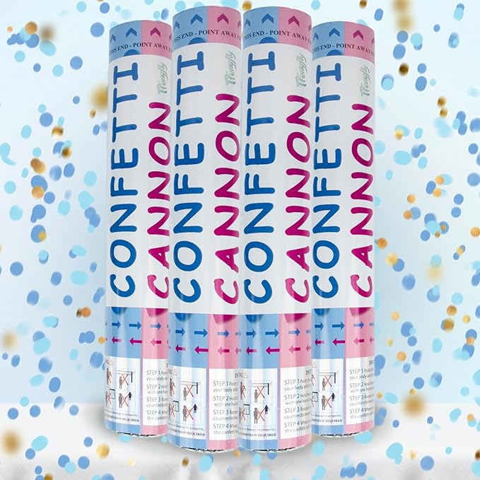4 Pack Gender Reveal Confetti Cannon, 12 in Blue Round Shaped Paper Party Poppers Cannons, Confetti Poppers For Baby Boy Gender Reveal Baby Showers (Round, Blue)
