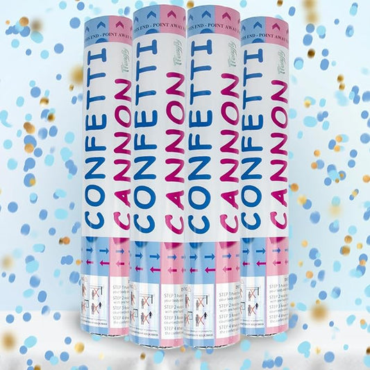 4 Pack Gender Reveal Confetti Cannon, 12 in Blue Round Shaped Paper Party Poppers Cannons, Confetti Poppers For Baby Boy Gender Reveal Baby Showers (Round, Blue)