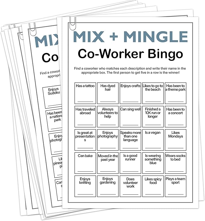 Sahjzk Office Bingo Cards, 25 Unique Randomized 5x7 Sheets, Get to Know You Bingo Game for Adults, Ice Breaker Office Party Games, Team Building Games for Work, High Replay Value - A02