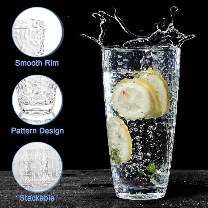 6 Pcs Plastic Drinking Tumblers Set of 18 oz, Acrylic Drinking Glasses with Straw&PP Brush, BPA-Free, Stackable Water Cups, Clear Cups for Juice, Wine (18 oz-6 pcs)