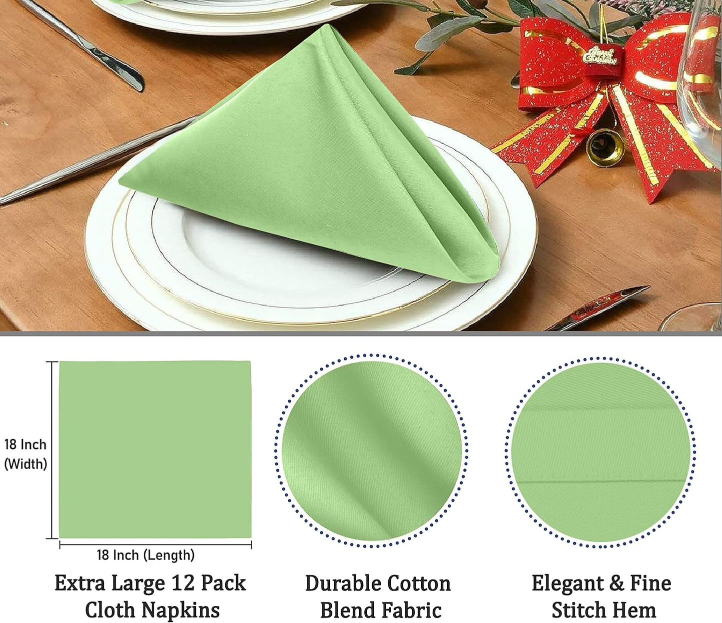 Ruvanti Cloth Napkins Set of 12, 18x18 Inches Napkins Cloth Washable, Soft, Durable, Absorbent, Cotton Blend. Table Dinner Napkins Cloth for Hotel, Lunch, Restaurant, Wedding Parties - Light Green