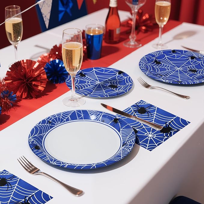 75pcs Spider Party Supplies, 25 Guest Disposable Blue Paper Plates & Napkins, Tableware Decorations Favors, Including 9" & 7" Plates & Napkins for Halloween, Birthday, Parties, and Everyday Use