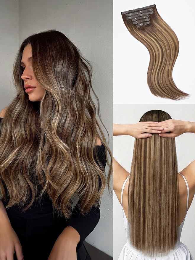 LUVME Straight Seamless 110g 7Pcs Clip in Hair Extensions Full Max with 18 inch Remy Human Hair Extensions, Highlight Color 100% Real Soft Human Hair